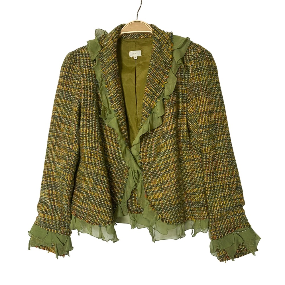 Vintage Ruth Fairycore Ruffle Trim Tweed Blazer Jacket Women 2 Green Boho USA